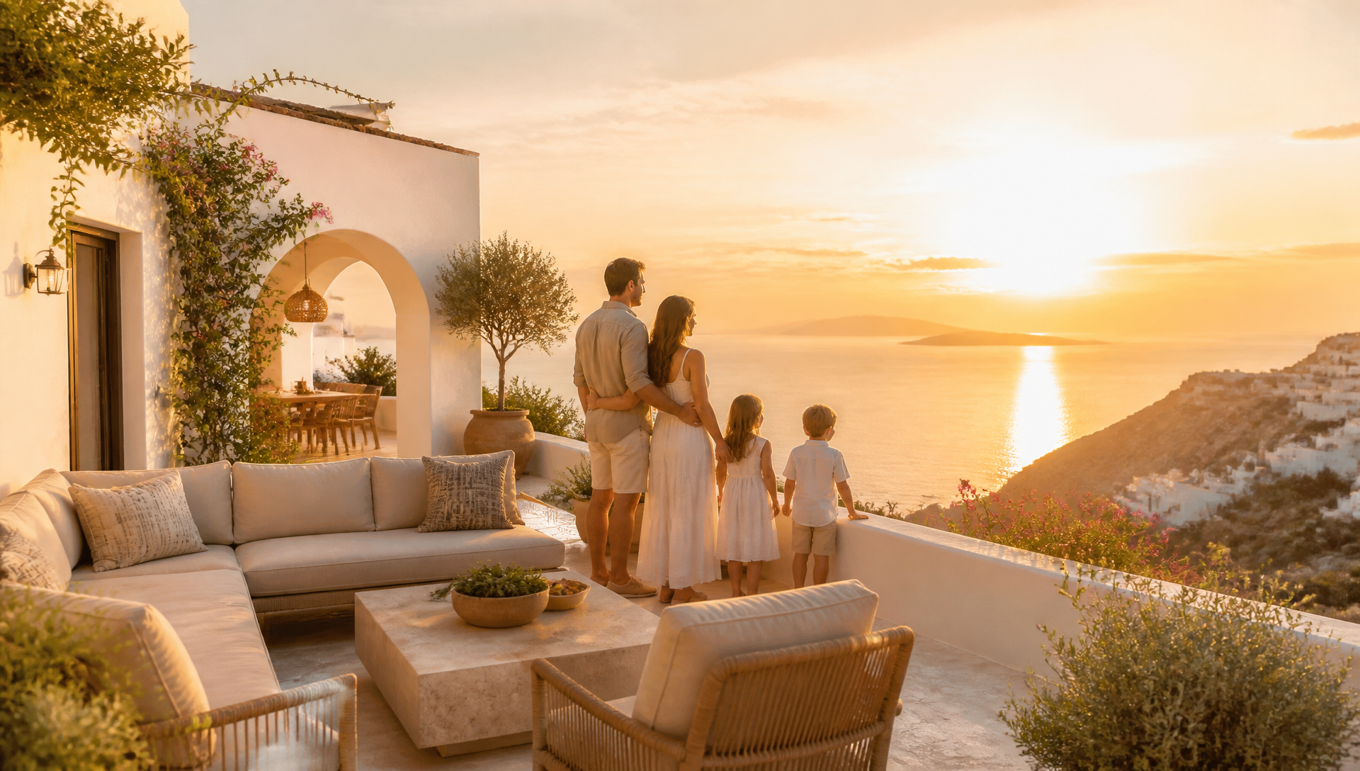 Familia internacional contemplando el mar desde una villa mediterránea bajo luz dorada