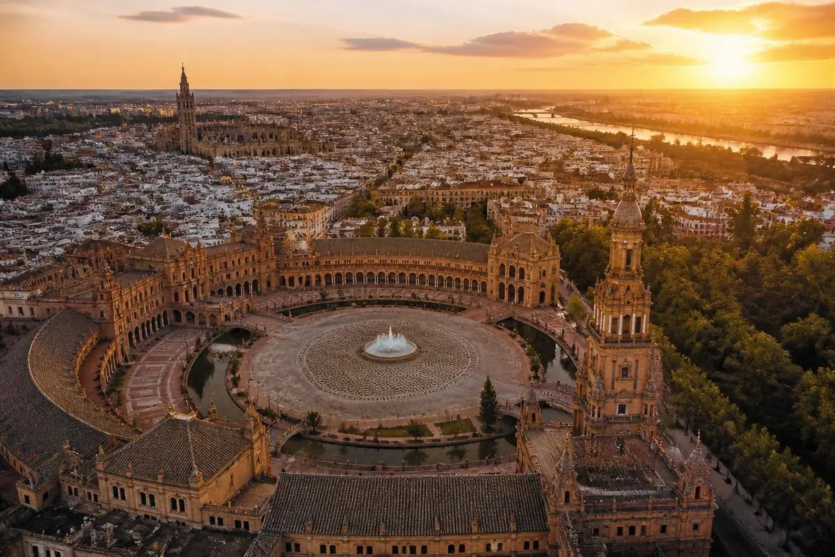 Vista aérea de una ciudad histórica española al atardecer